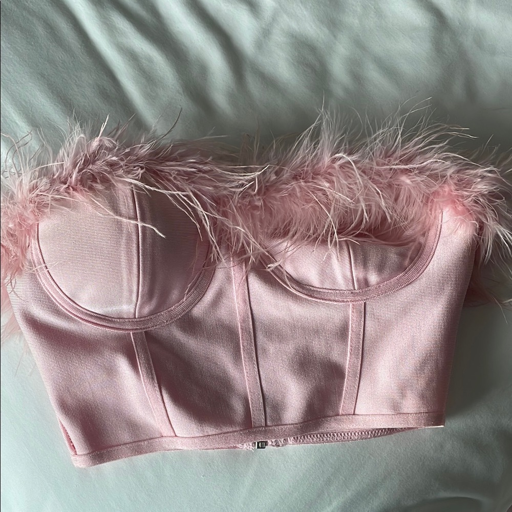 Super down Pink Feather-Trimmed Bustier